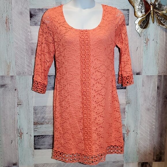 Alfani Salmon Open Weave Lace Overlay Midi Dress Sz L - Picture 1 of 7